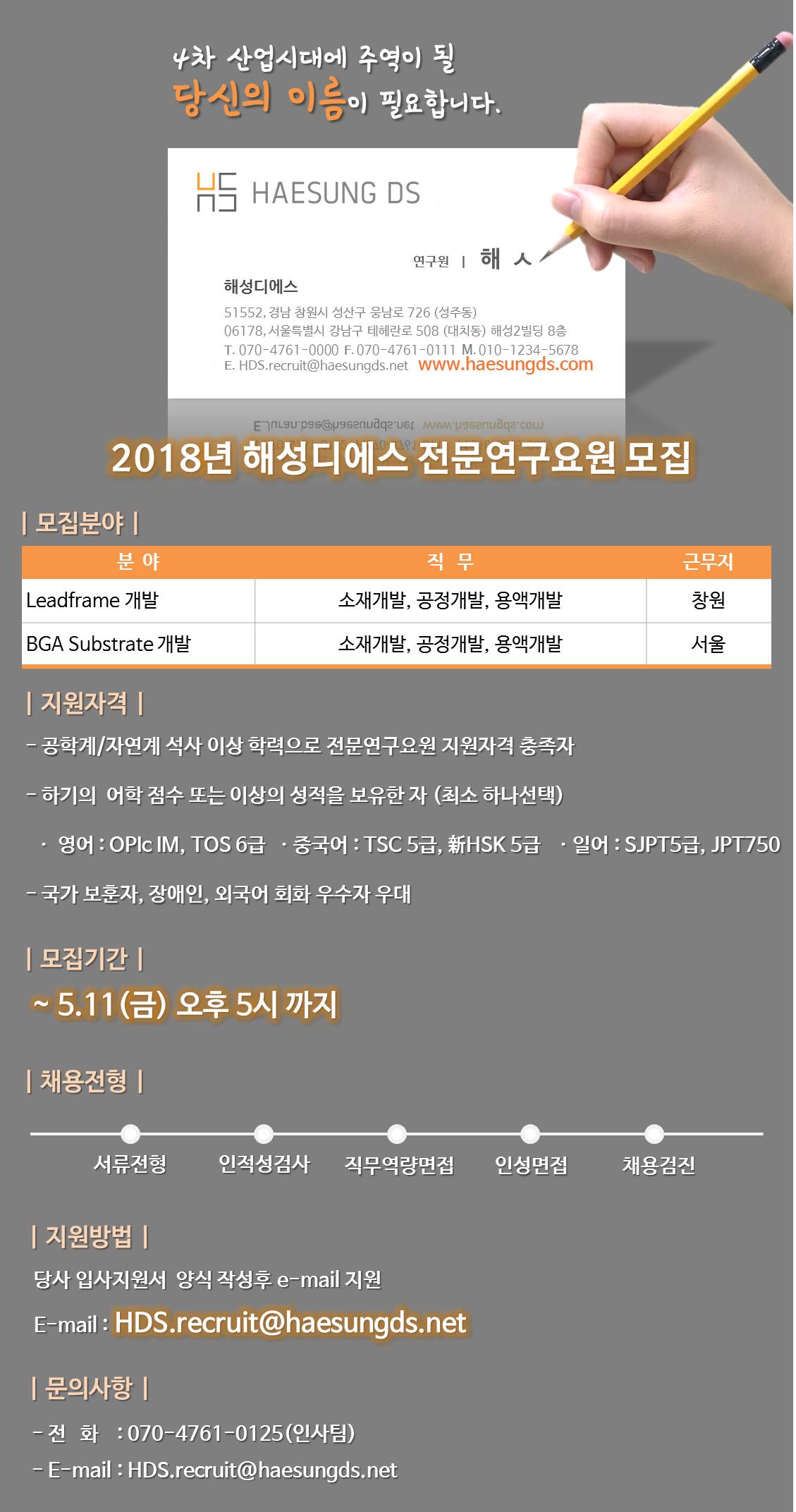 [해성디에스 주식회사] 2018년 전문연구요원 모집 - 사람인